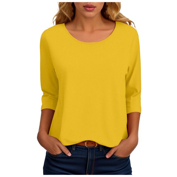 felwors 3/4 Length Sleeve Womens Tops Casual Loose Fit Crewneck T Shirts Cute Solid Three Quarter Length Tunic Tops Yellow, L