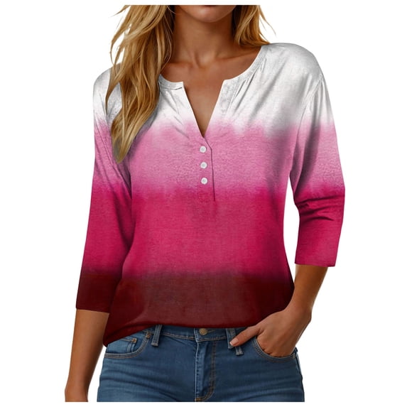 felwors 3/4 Length Sleeve Womens Tops Henley V Neck Summer Shirts Casual Elbow Length Button Down Shirt Floral Print Blouses (Hot Pink, XL)