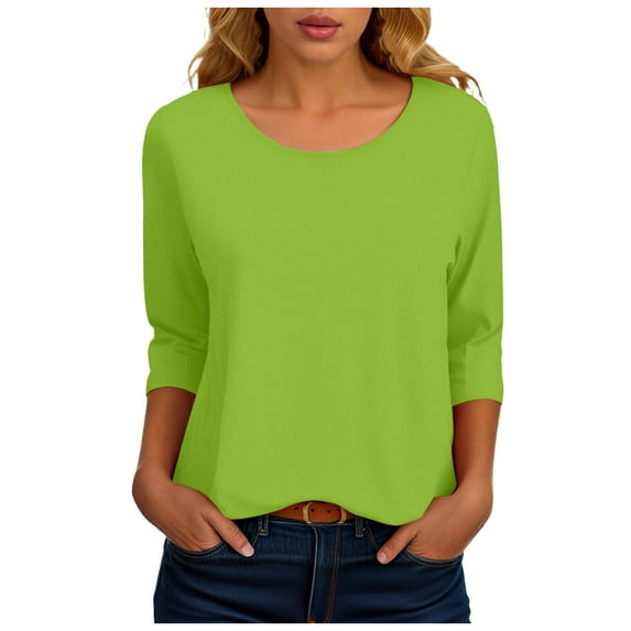 felwors 3/4 Sleeve Shirts for Women Loose Fit Crewneck Dressy Casual Tops Lightweight Solid Color Comfy Cute T Shirts Green, M