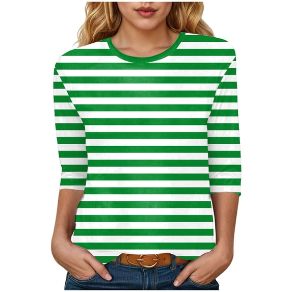 felwors 3/4 Sleeve Shirts for Women Spring Striped Crewneck Business Casual Tops Loose Three Quarter Length Work Blouses (Green, XL)