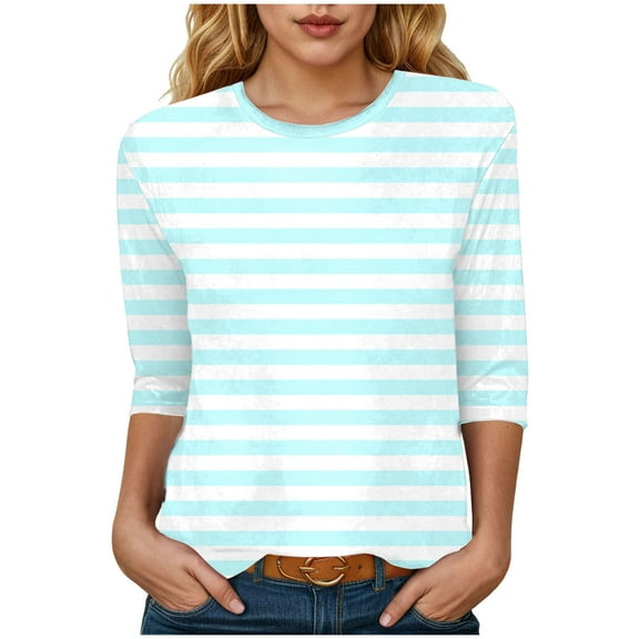 felwors 3/4 Sleeve Shirts for Women Spring Striped Crewneck Business Casual Tops Loose Three Quarter Length Work Blouses (Light Blue, M)