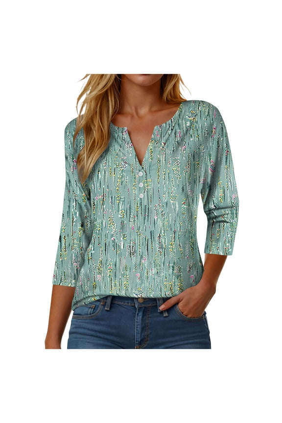 3/4 Sleeve Tops for Women 2025 Fall Henley Neck Shirts Elbow Sleeve Tshirts Green, M