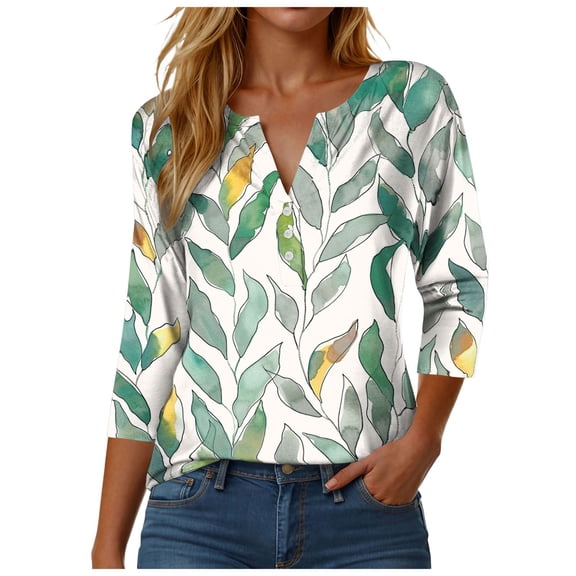 felwors 3/4 Sleeve Tops for Women 2025 Fall Henley Neck Shirts Elbow Sleeve Tshirts Light Green, XXL