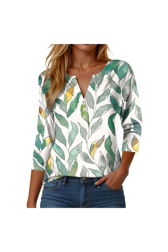 3/4 Sleeve Tops for Women 2025 Fall Henley Neck Shirts Elbow Sleeve Tshirts Light Green, XXL