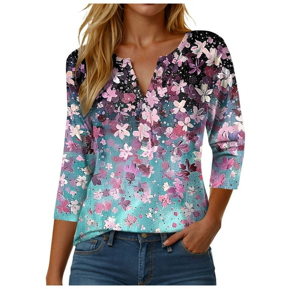 felwors 3/4 Sleeve Tops for Women 2025 Fall Henley Neck Shirts Elbow Sleeve Tshirts Light Purple, M