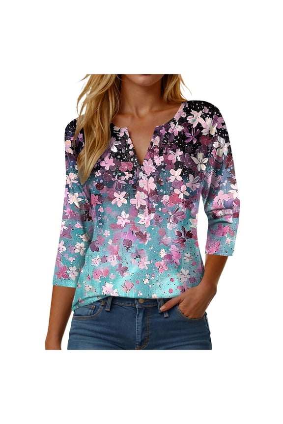 3/4 Sleeve Tops for Women 2025 Fall Henley Neck Shirts Elbow Sleeve Tshirts Light Purple, M