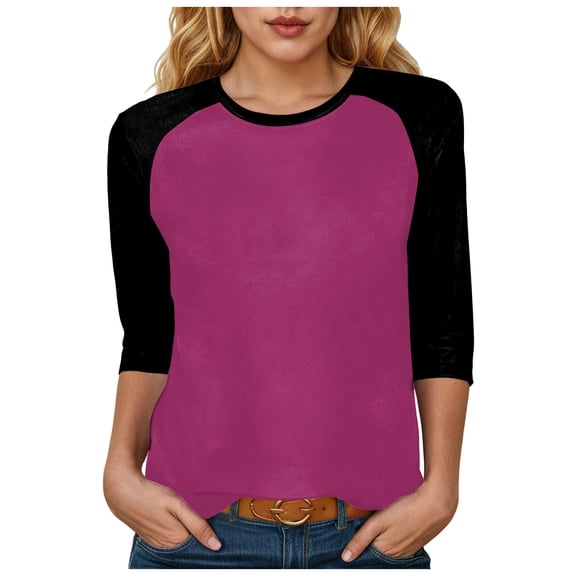 felwors 3/4 Sleeve Tops for Women Workout Shirts Baseball Style Raglan Tshirts Casual Color Block Tees Comfy Steetwear (Hot Pink, XXL)