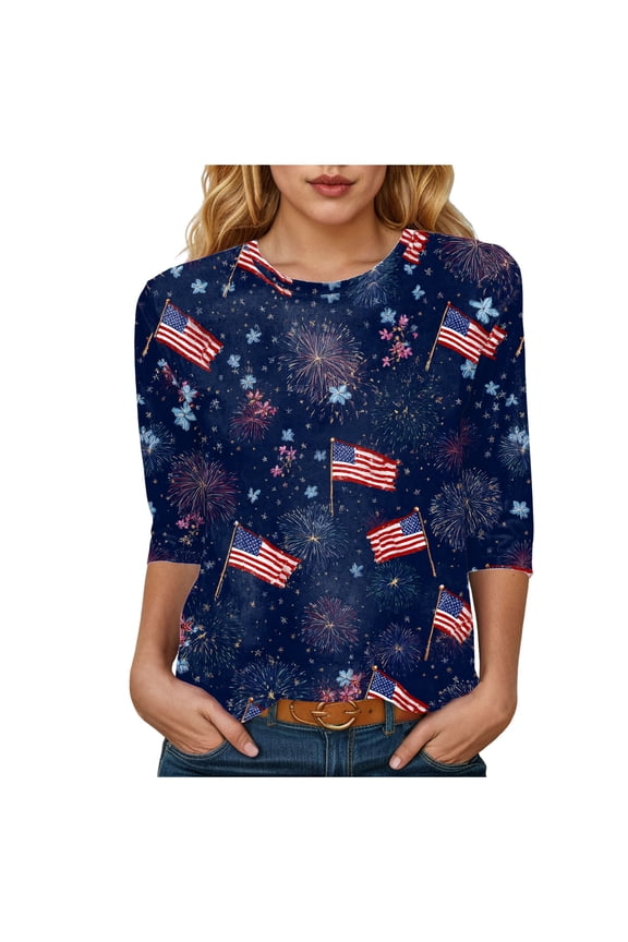4Th of July Shirts Women 3/4 Sleeve Crewneck Cute Shirts Casual Print Three Quarter Length T Shirt (Navy, XXL)