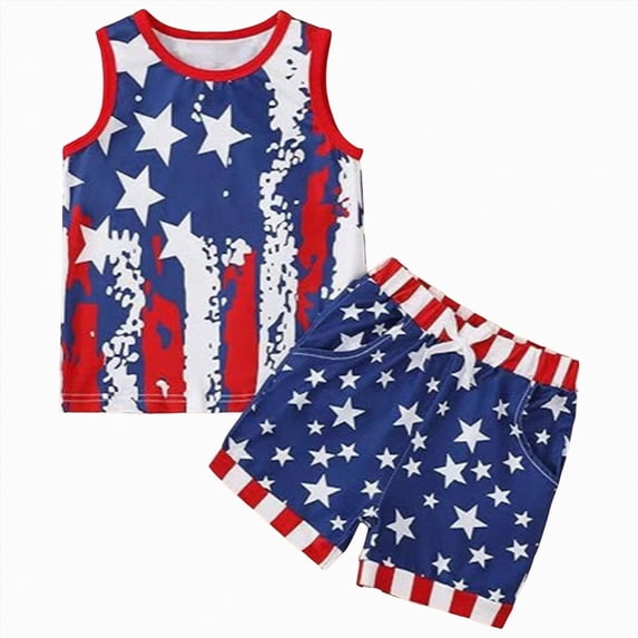 felwors 4th of July Toddler Boys Outfits American Flag Tank Tops Patriotic T-Shirts Tees Star Pocket Drawstring Shorts(18-24 Months)