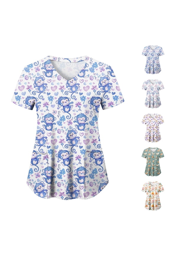 Animal Scrub Tops Women Cute Cartoon Print Medical Scrub Tops Fun Plus Working Uniform — Dinosaur Dog Cat Alpaca Etc (Blue, M)