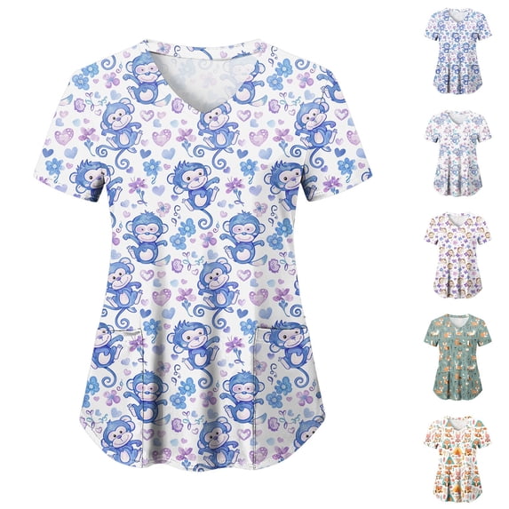 felwors Animal Scrub Tops Women Cute Cartoon Print Medical Scrub Tops Fun Plus Working Uniform — Dinosaur Dog Cat Alpaca Etc (Blue, XL)
