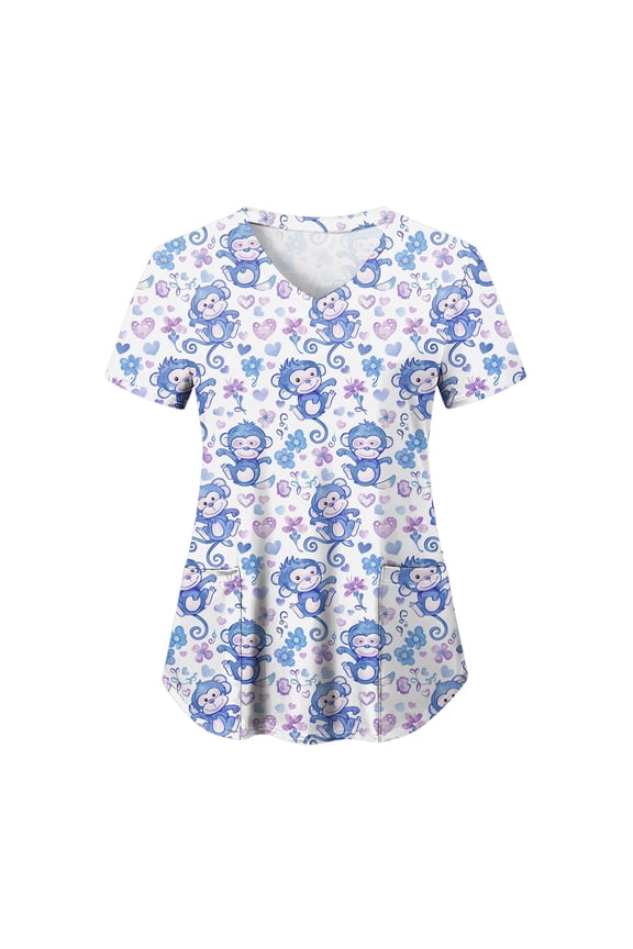 Animal Scrub Tops Women Cute Cartoon Print Medical Scrub Tops Fun Plus Working Uniform — Dinosaur Dog Cat Alpaca Etc (Blue, XXL)