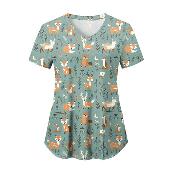 felwors Animal Scrub Tops Women Cute Cartoon Print Medical Scrub Tops Fun Plus Working Uniform — Dinosaur Dog Cat Alpaca Etc (Green, XXL)