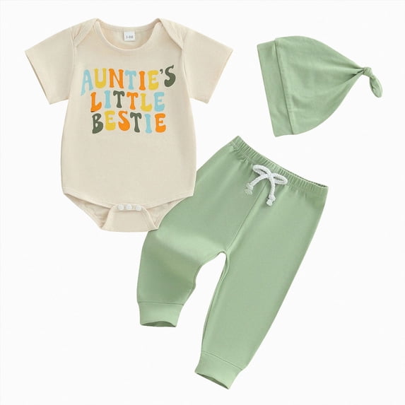 felwors Aunties Bestie Baby Clothes Gender Neutral Unisex Funny Letter Bodysuit Romper Solid Leggings Pants Hat 3Pcs Outfits