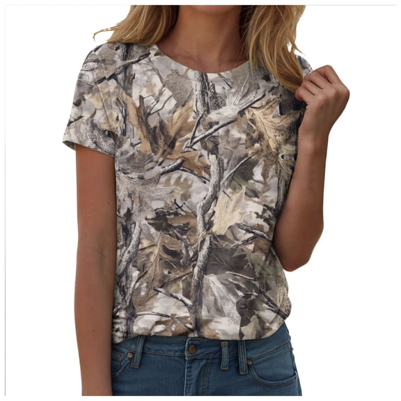 felwors Autumn Hunting Tree Camo Pattern Womens Graphic Printed T-Shirt Short Sleeve Casual Tees Tops (Dark Gray, L)