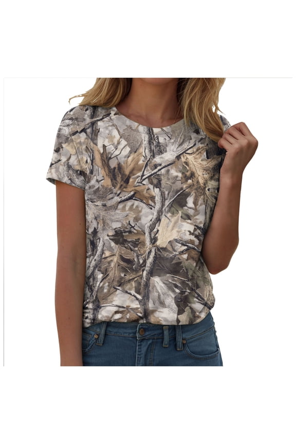 Autumn Hunting Tree Camo Pattern Womens Graphic Printed T-Shirt Short Sleeve Casual Tees Tops (Dark Gray, S)