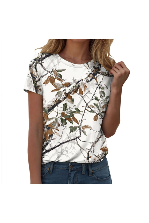 Autumn Hunting Tree Camo Pattern Womens Graphic Printed T-Shirt Short Sleeve Casual Tees Tops (White, S)