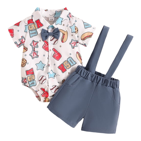 felwors Baby Boy 4th of July Outfit American Flag Short Sleeve Button Down Shirt Romper Suspender Shorts 2Pcs Clothes Set (3-6 Months,Z03-Navy)