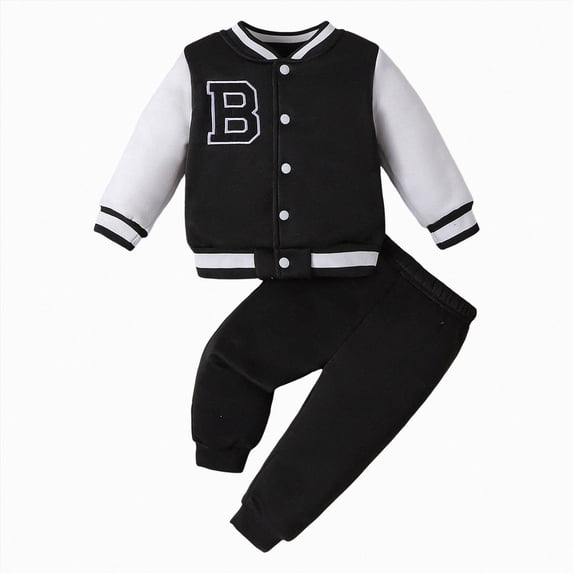 felwors Baby Boy Clothes Infant Fall Winter Outfits Toddler Boy Varsity BaseBall Jacket Button Down Pants Set (Black,2-3 Years)