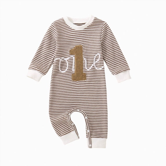 felwors Baby Boy Girl 1st Birthday Outfit One Embroidery Waffle Romper Jumpsuit First Birthday Cake Smash Outfit (Brown,6-12 Months)