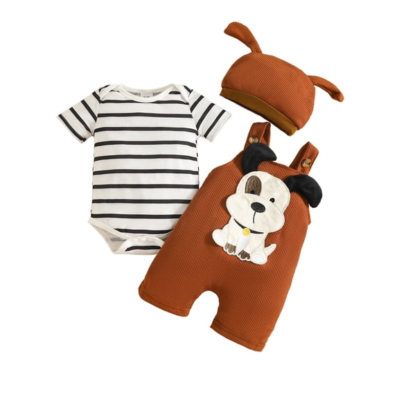 felwors Baby Boy Girl Summer Outfit Newborn Stripe Short Sleeve Romper Animal Embroidered Overall Shorts Hat Piece Clothes Set