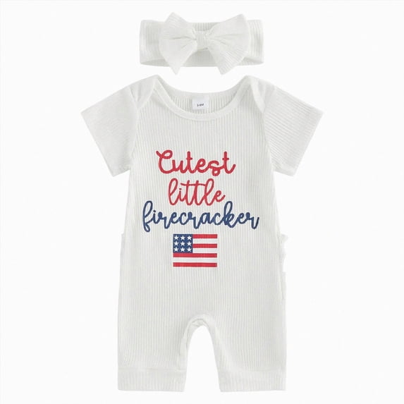 felwors Baby Girl Independence Day Outfit My First 4th of July Onesie Romper Ribbed Knit Jumpsuit with Headband,White,3-6 Months