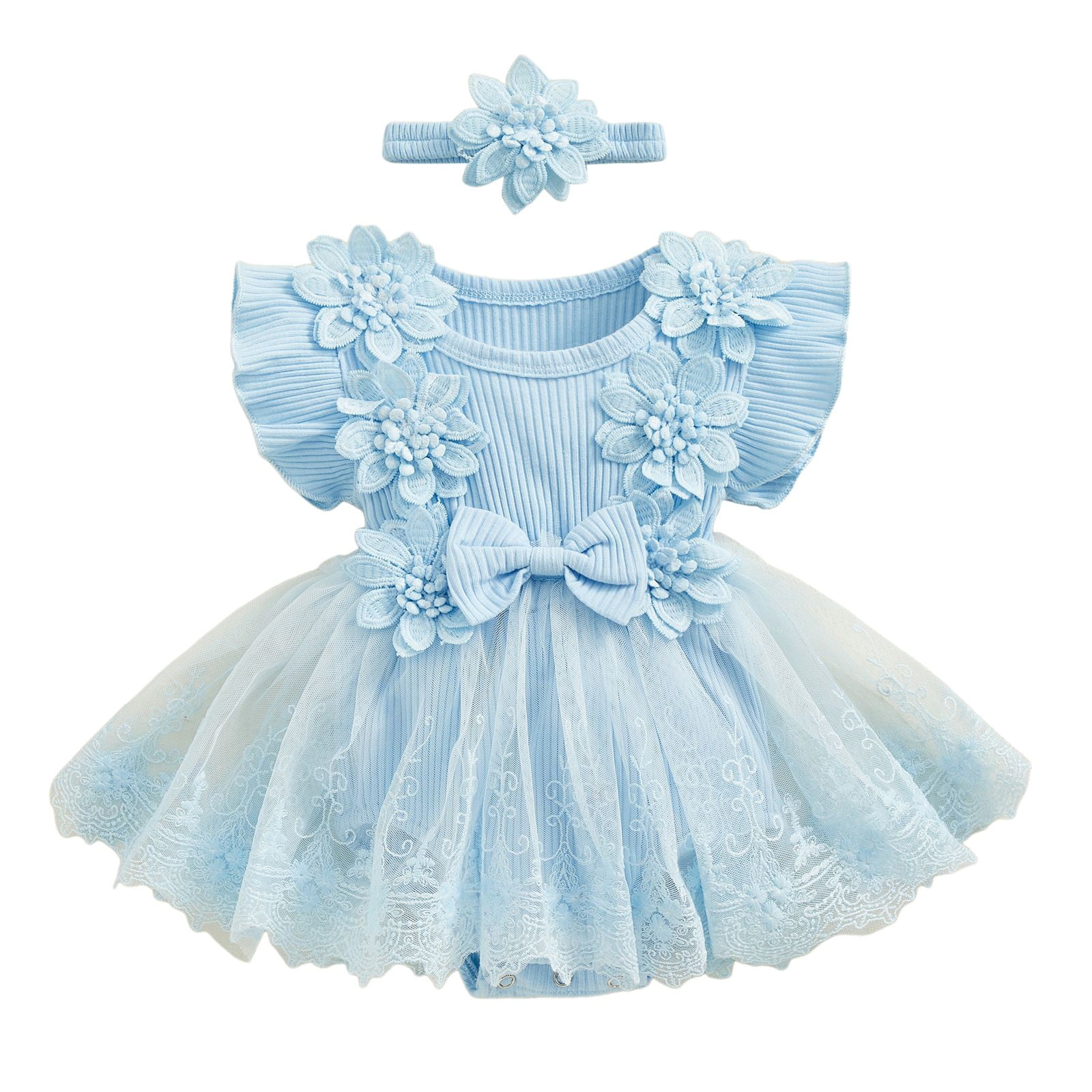 felwors Baby Girl Romper Dress Baby Dress Romper Flowers Lace Girl Spring Summer Clothes with Headband (0-3 Months, Blue)