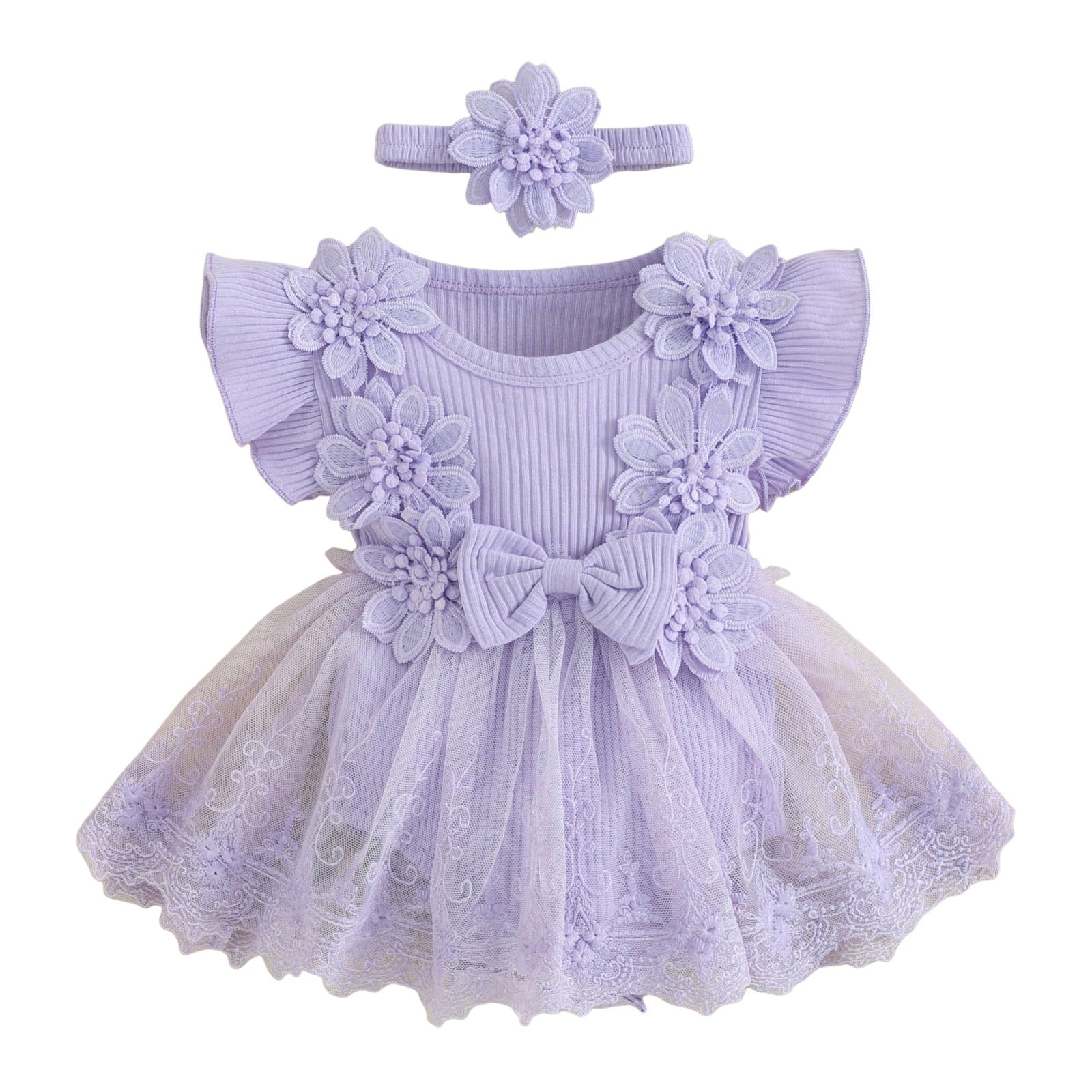 felwors Baby Girl Romper Dress Baby Dress Romper Flowers Lace Girl Spring Summer Clothes with Headband (0-3 Months, Purple)
