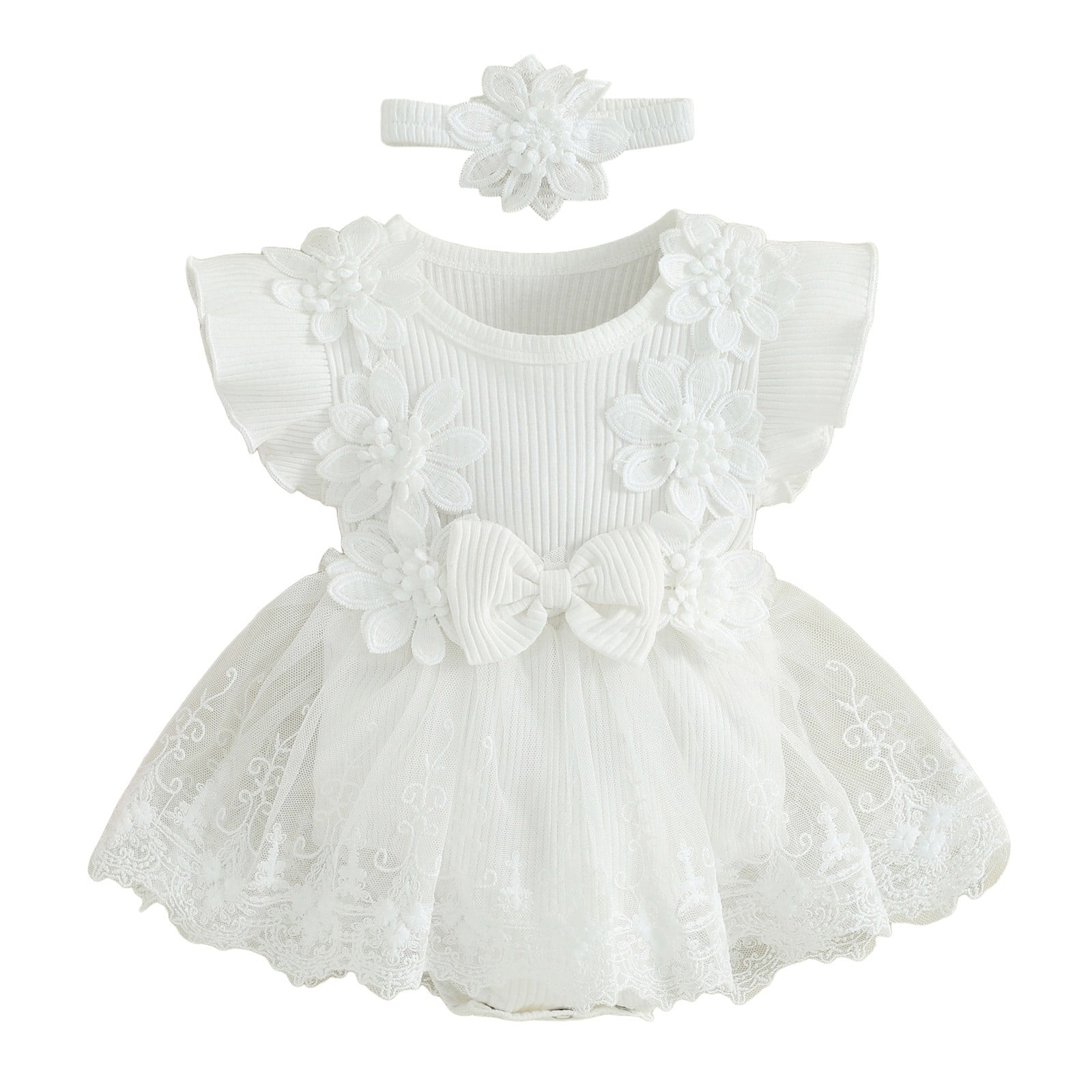 felwors Baby Girl Romper Dress Baby Dress Romper Flowers Lace Girl Spring Summer Clothes with Headband (0-3 Months, White)
