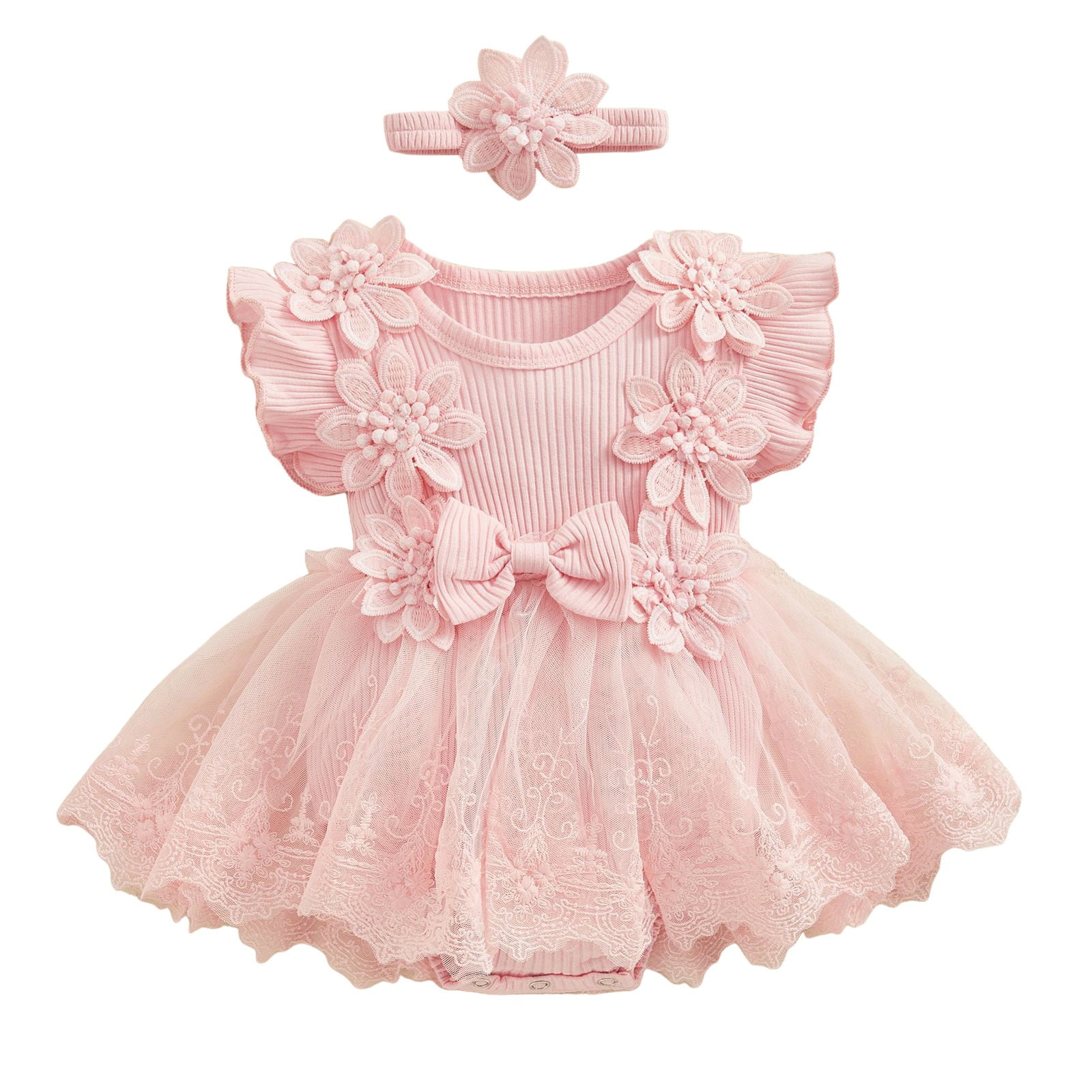 felwors Baby Girl Romper Dress Baby Dress Romper Flowers Lace Girl Spring Summer Clothes with Headband (12-18 Months, Red)