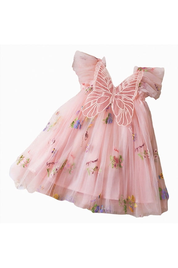 Baby Girl Tulle Casual Embroidery Fairy Butterfly Wings Toddler Dresses with Princess, 6-12 Months, Pink