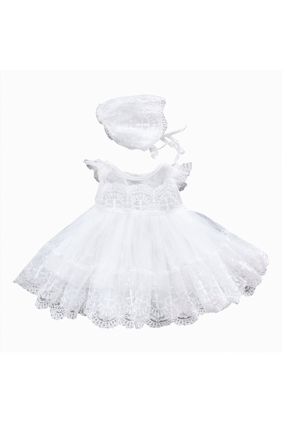 Newborn Baby Girls White Christening with Bonnet Newborn Baptism Gown Lace Dresses Wedding, 0-3 Months, White