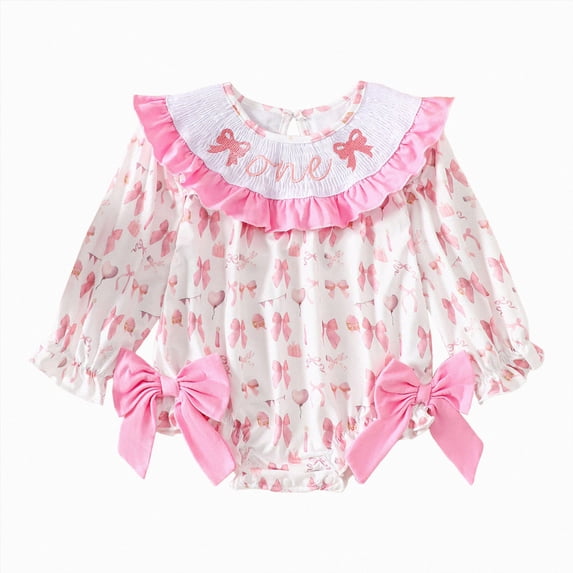 felwors Baby Girls First Birthday Outfit 1st Birthday Romper Coquette Bow Bubble Smocked One Embroidery Ruffle Jumpsuit