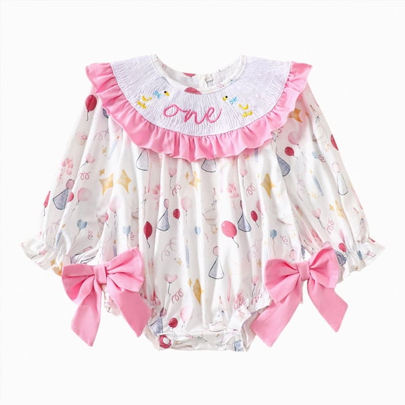felwors Baby Girls First Birthday Outfit 1st Birthday Romper Coquette Bow Bubble Smocked One Embroidery Ruffle Jumpsuit
