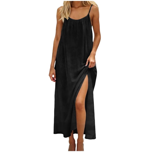felwors Backless Cami Dress for Women,Summer Casual Lounge Sleeveless Flowy House Dress Boho Beach Vacation Maxi Long Sundress (Black, S)