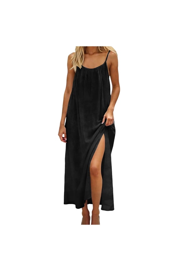 Backless Cami Dress for Women,Summer Casual Lounge Sleeveless Flowy House Dress Boho Beach Vacation Maxi Long Sundress (Black, S)
