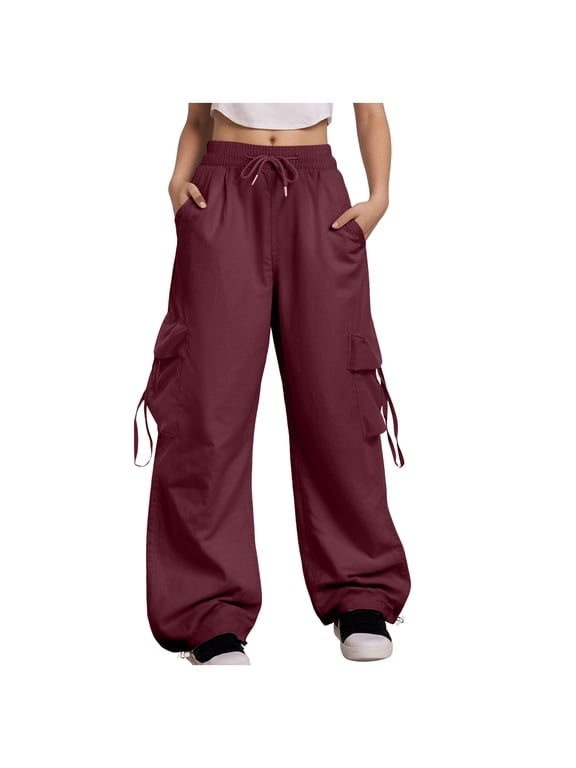 Baggy Cargo Pants Women Casual High Waisted Parachute Pants Drawstring Loose Hip Hop Wide Leg Pant Y2K Wine, XL