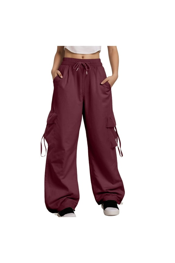 Baggy Cargo Pants Women Casual High Waisted Parachute Pants Drawstring Loose Hip Hop Wide Leg Pant Y2K Wine, XXXL