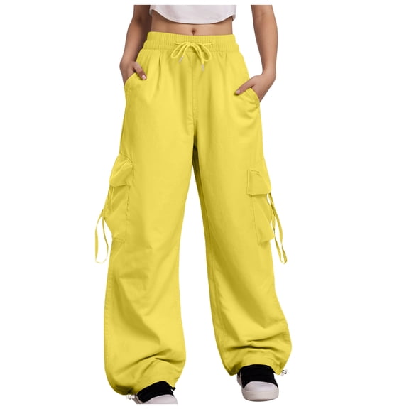 felwors Baggy Cargo Pants Women Casual High Waisted Parachute Pants Drawstring Loose Hip Hop Wide Leg Pant Y2K Yellow, XXXXXL