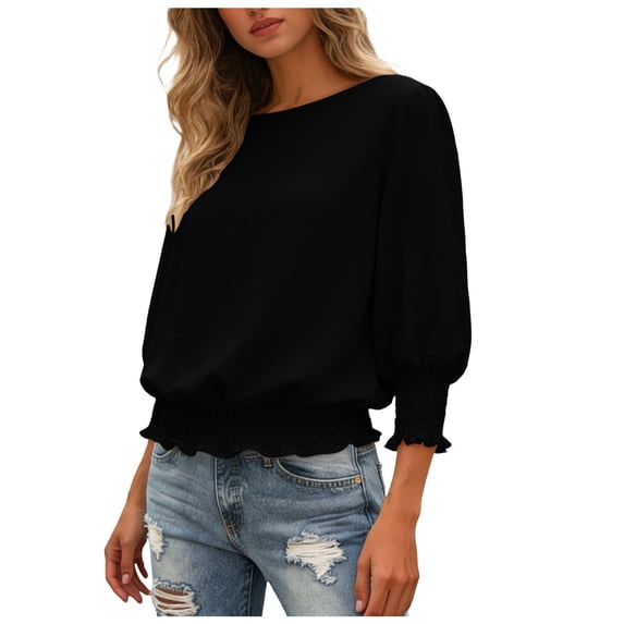felwors Banded Bottom Tops for Women Smocked Tops Elastic Cinched Waist Top Dressy Blouse 3/4 Length Sleeve Casual Outfits (Black, M)