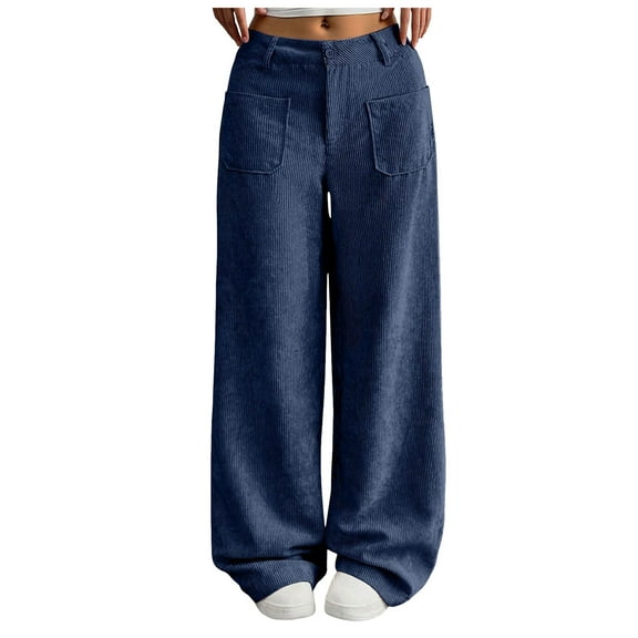 felwors Barrel Pants for Women High Waisted Corduroy Elastic Waist Trendy Loose Casual Fall Trousers Pants with Pockets Navy, M