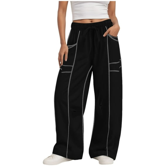 felwors Barrel Sweatpants Women High Waisted Wide Leg Lounge Pants Casual Fall Drawstring Contrast Patchwork with Pockets Black, M