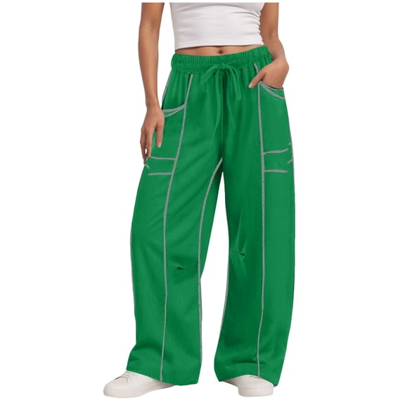 felwors Barrel Sweatpants Women High Waisted Wide Leg Lounge Pants Casual Fall Drawstring Contrast Patchwork with Pockets Green, M