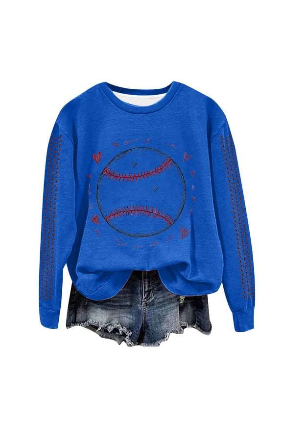 Baseball Sweatshirt for Womens 2025 Long Sleeve Comfy Baseball Shirts Softball Crewneck Graphic Pullover Top Blue, L
