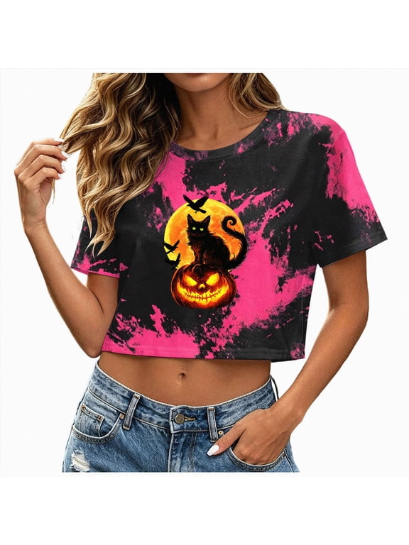 Black Cat on Pumpkin Tie Dye Crop Top for Women – Halloween Graphic Short Sleeve Tee, Spooky Moon Printed Summer Shirt for Party, Festival & Casual Wear Hot Pink for Size XXXL