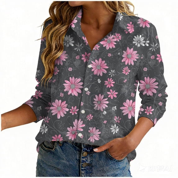 felwors Blouse for Women Dressy Long Sleeve Button Down Shirts Business Casual Outfit Lightweight Solid/Printed Tops (Dark Gray, XL)