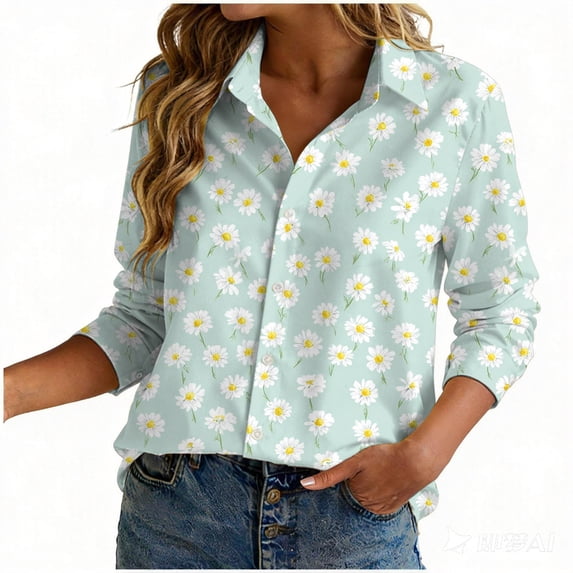 felwors Blouse for Women Dressy Long Sleeve Button Down Shirts Business Casual Outfit Lightweight Solid/Printed Tops (Light Green, XXXL)