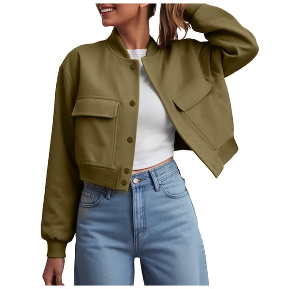 felwors Bomber Jacket Women 2025 - Short Cropped Jacket Women Button Down Long Sleeve Casual Varsity Jackets with Pockets AG, XL