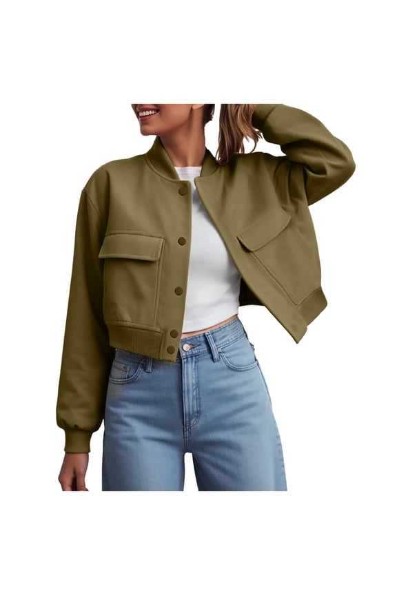 Bomber Jacket Women 2025 - Short Cropped Jacket Women Button Down Long Sleeve Casual Varsity Jackets with Pockets AG, XXL