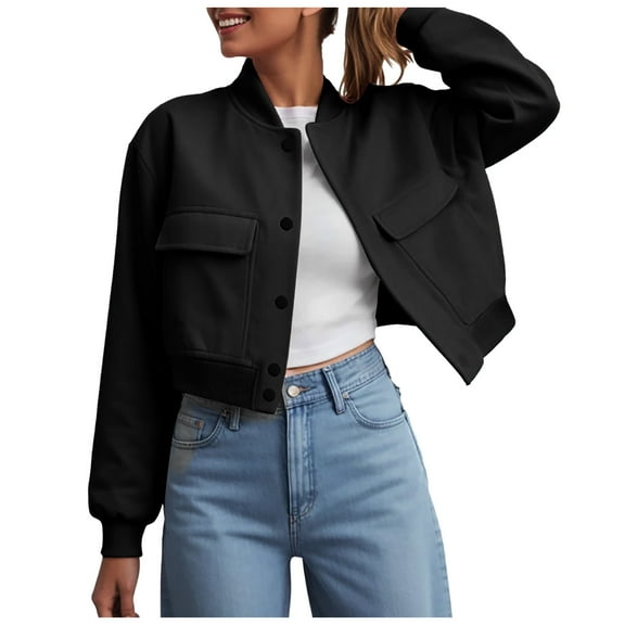 felwors Bomber Jacket Women 2025 - Short Cropped Jacket Women Button Down Long Sleeve Casual Varsity Jackets with Pockets Black, L